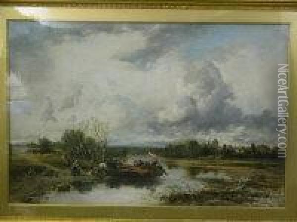 English Landscape With Family Oil Painting - R.H. Wood