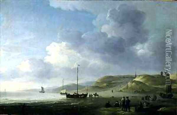 The Coast Near Scheveningen with Fishing Pinks on the Shore Oil Painting - Charles Brooking