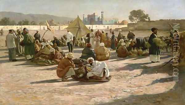 Early morning market in Samarkand Oil Painting - Johannes Leonhard