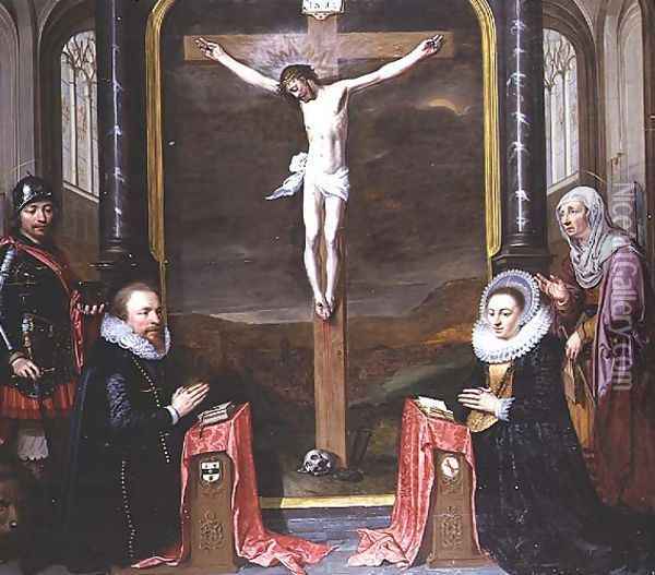 A Crucifixion with Portraits of the Donors Adriaen Meusyenbroeck and his Wife, Anna Elant, Attended by St. Adrian and St. Elizabeth, 1618 Oil Painting - Jan Anthonisz. van Ravestyn