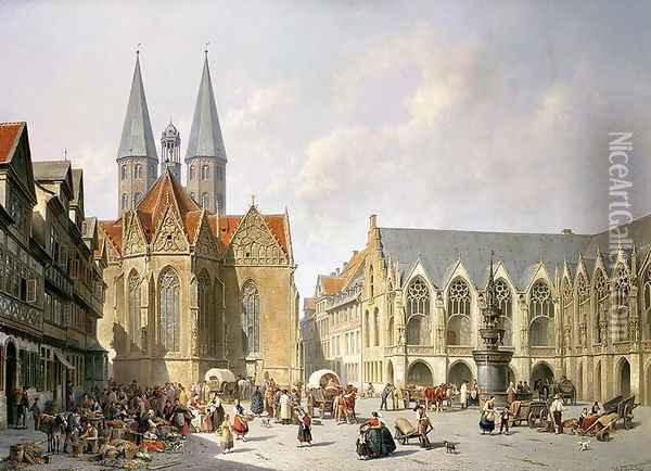 The Old Town Market Square, Brunswick, 1890 Oil Painting - Jacques Carabain