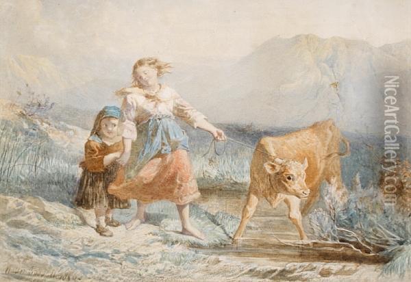 Two Young Girls And A Calf By A Mountainstream Oil Painting - Walter Goodall