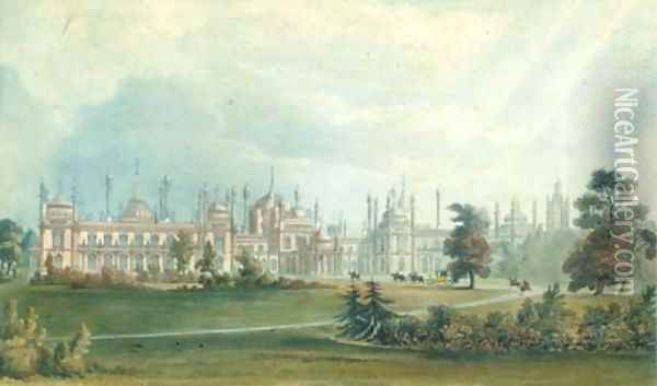 Brighton Pavilion, Perspective View of the West Front, Oil Painting - Joseph Nash