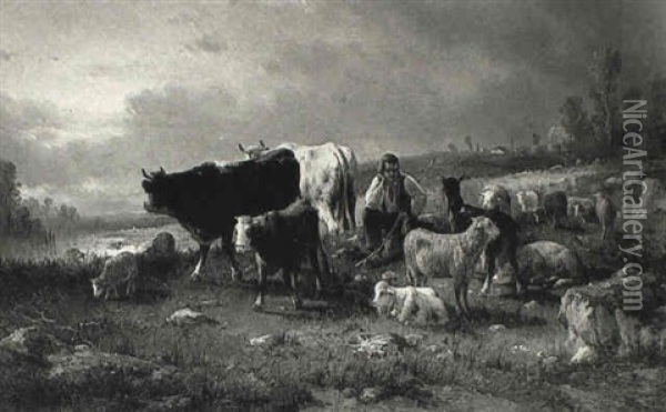 Troupeau De Vaches Et Moutons Oil Painting - Andres Cortes y Aguilar