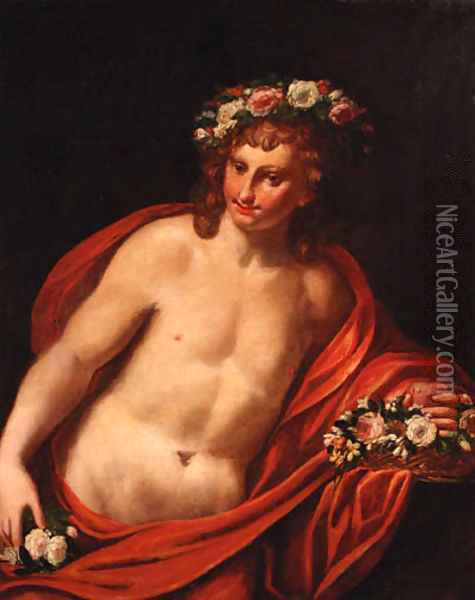 A young man with a floral wreath with a basket of flowers, holding a heart Oil Painting - Sebastiano Ricci