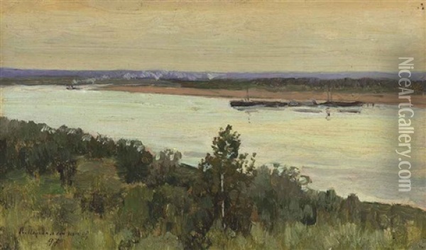 On The River Oil Painting - Vasili (Vladimir) Vasilievich Perepletchikov