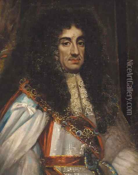 Portrait of Charles II (1630-1685), half-length, in Garter robes Oil Painting - John Michael Wright