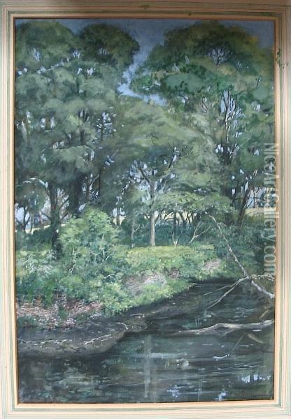 A River At Summer With A Tree Lined Bank Oil Painting - Alfred Powell