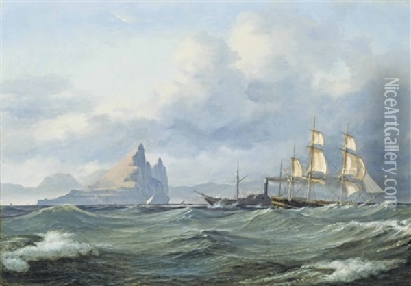 Shipping In The Mediterranean Off The Rock Of Gibraltar Oil Painting - Daniel Hermann Anton Melbye