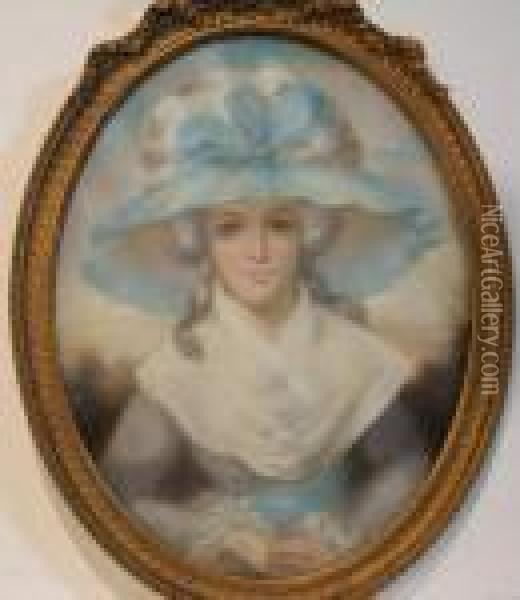 Portrait Of A Lady Wearing A Hat With Blue Ribbon Oil Painting - George Romney