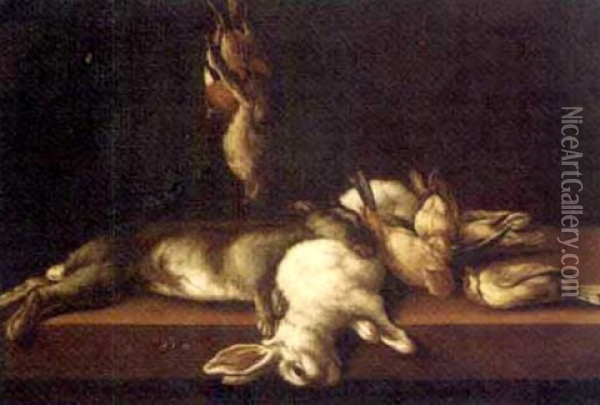 Two Dead Hares And Dead Songbirds On A Table Oil Painting - Arcangelo Resani