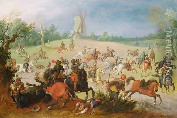 A cavalry battle in a wooded valley before a windmill Oil Painting - Sebastien Vrancx