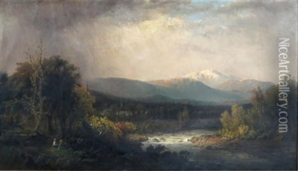 Landscape With Couple By A River, Distant Mountains Oil Painting - William Tyler
