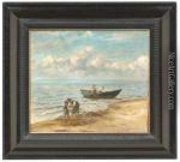Fishermen At Lakeshore. Oil/canvas, Signed Oil Painting - Albert Kappis