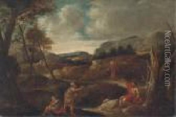 Christ And Saint John The Baptist In A Landscape With Otherfigures Oil Painting - Gaspard Dughet Poussin