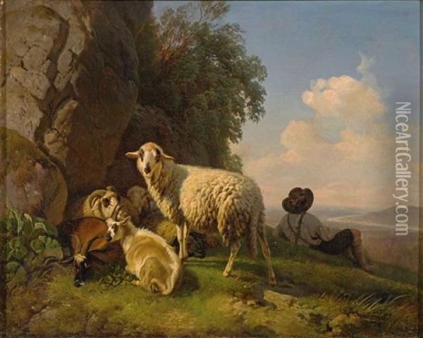 Sommerliche Weidelandschaft Mit Huterjunge, Ziegen Und Schafen. Weiter Blick In Das Land Oil Painting - Robert Eberle