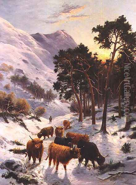Highland Cattle in a Winter Landscape Oil Painting - Charles Watson