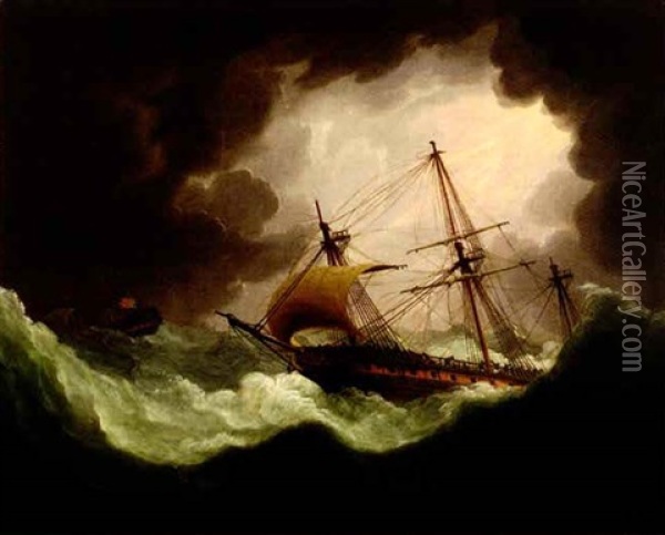 British Men-o'war Running Before The Storm Oil Painting - Thomas Buttersworth
