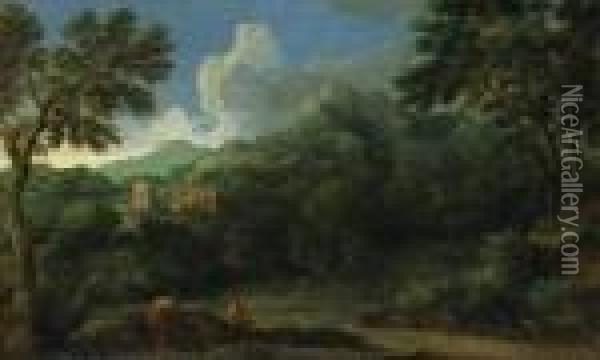 An Italianate Landscape With Figures, A Village Beyond Oil Painting - Gaspard Dughet Poussin