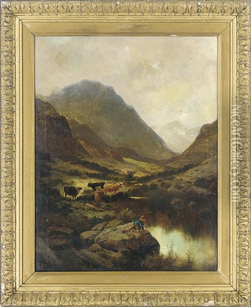 A Boy By A Pool In A Mountainous Landscape, With Cattle Oil Painting - Edgar Longstaffe