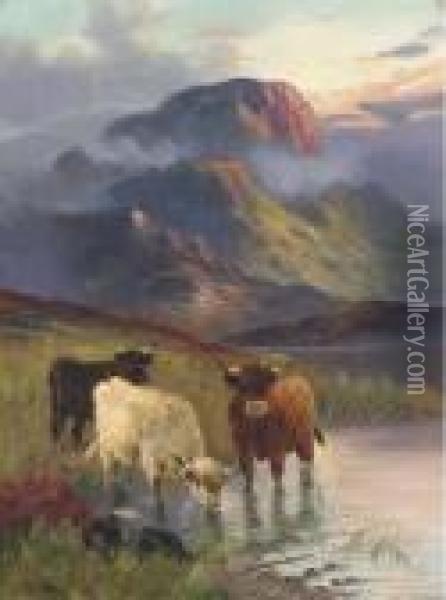 Cattle Watering, Sunset Oil Painting - William Langley