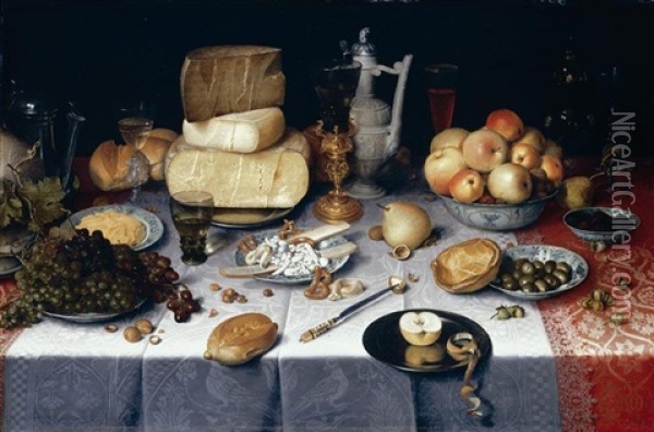 An Ontbijtje Still Life Of Three Cheeses On A Silver Plate, Apples And Nuts In A Wan-li Porcelain Bowl, Mulberries And Olives In Wan-li Porcelain Dishes, A Half Apple And Apple Peel... Oil Painting - Floris Claesz van Dyck