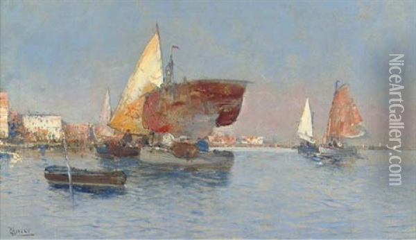 Fishing Vessels In The Venetian Lagoon Oil Painting - Cesar Herrer