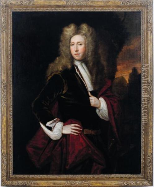 Portrait Of A Nobleman, Standing
 Three-quarter Length, Wearing A Green Coat With Red Shawl Oil Painting - Sir Godfrey Kneller