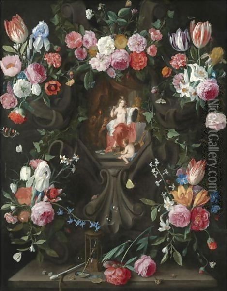 A Garland Of Flowers, Including Irises, Parrot Tulips And Roses, Surrounding A Stone Niche Inset With A Vanitas Scene Oil Painting - Jan van Kessel