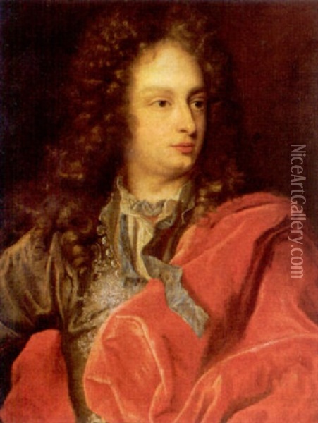 Portrait Of A Gentleman, Wearing A Red Mantle Oil Painting - Hyacinthe Rigaud