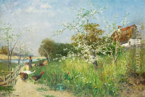 Landskap Med Kvinna, Faglar Och Blommande Frukttrad Oil Painting - Vittorio Avanzi