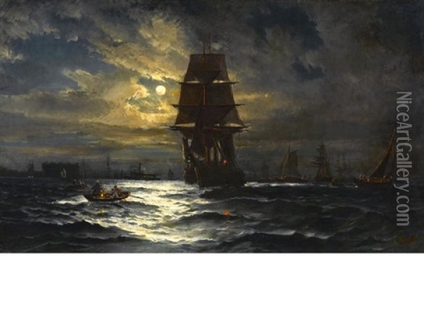 Ships In New York Harbor At Night Oil Painting - Frederick Rondel
