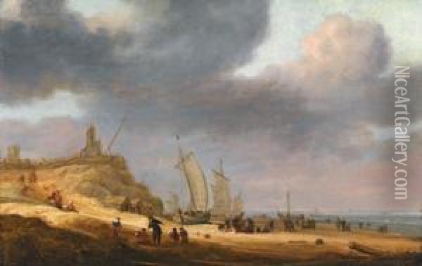 Paesaggio Costiero Con Ritorno Acasa Dei Pescatori Oil Painting - Adriaen Van Der Kabel