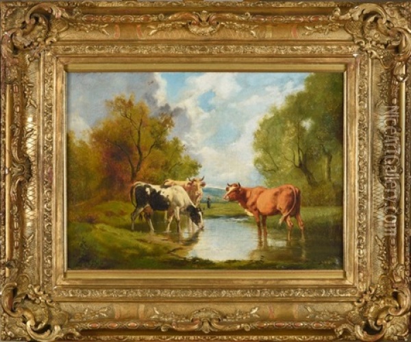Vaches S'abreuvant Dans Une Mare Oil Painting - Theodore Levigne
