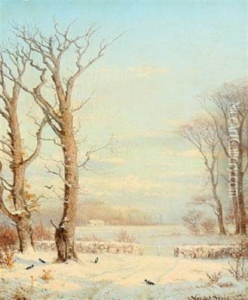 Wintry Landscape With Crows Oil Painting - Nordahl (Peter Frederik N.) Grove