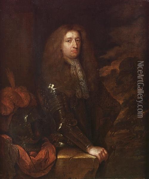 Portrait Of An Officer, Small 
Three-quarter-length, In Armour And A Lace Jabot, His Hand Resting On A 
Partially Draped Stone Plinth With A Plumed Helmet, A View To A Battle 
Beyond Oil Painting - Caspar Netscher