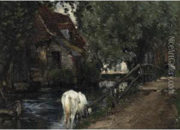 White Horse Drinking At A Mill Pond Oil Painting - Emile van Marcke de Lummen