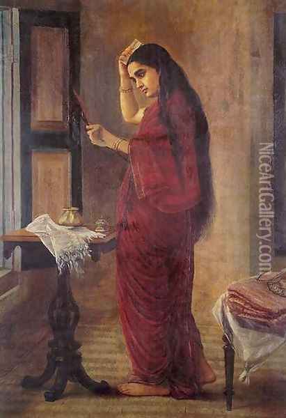 The Lady with a Mirror Oil Painting - Raja Ravi Varma