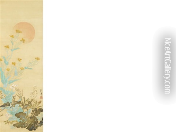 Sun And Spring Flowers (+ 2 Others; Triptych) Oil Painting - Sakai Hoitsu