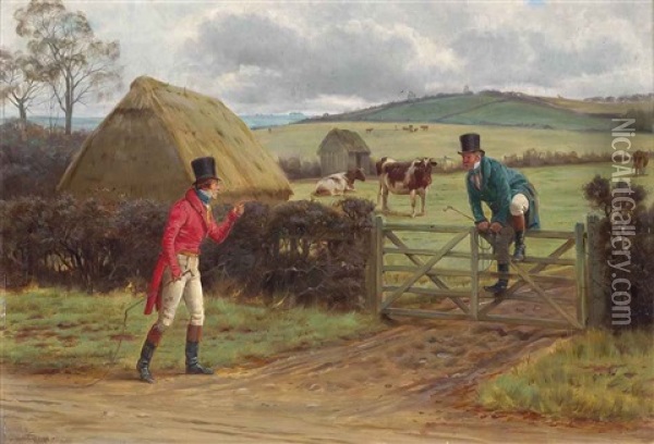 Two Gentlemen Met, Both Unhorsed In A Lane Oil Painting - George Goodwin Kilburne