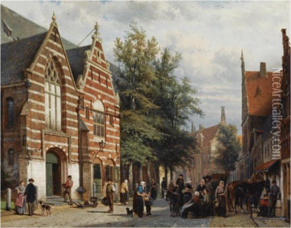A View Of The Westerstraat With The Westerkerk, Enkhuizen Oil Painting - Cornelis Springer