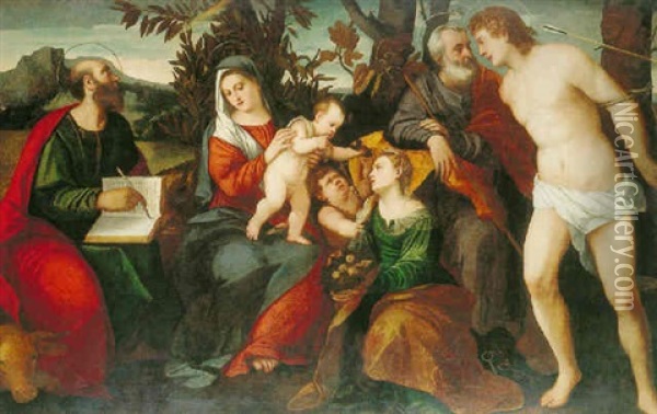 Sacra Conversazione (holy Family With Saints Luke, Dorothy, Peter, Sebastian, And The Infant Saint John The Baptist) Oil Painting - Bonifazio de Pitati