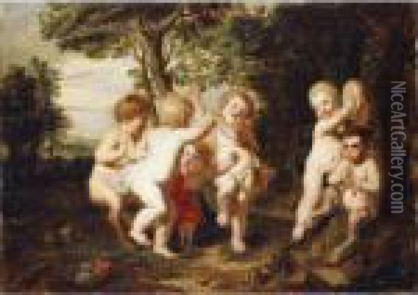 A Wooded Landscape With Putti And Satyrs Playing Music And Dancing Oil Painting - Peter Paul Rubens