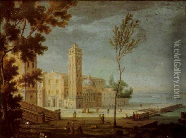 A Town In The Veneto With Figures Promenading On A Quay Oil Painting - Hendrick Frans van Lint