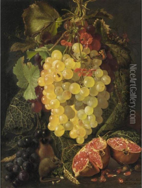 Still Life Of Fruit And A Field Mouse Oil Painting - Theude Gronland