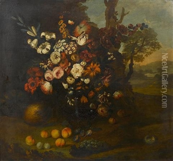 Roses, Peonies, Tulips, White Lilies In A Glass Vase With Peaches, Grapes, Plums, A Melon, A Pumpkin And A Bird's Nest In A Landscape Oil Painting - Johann Martin Metz