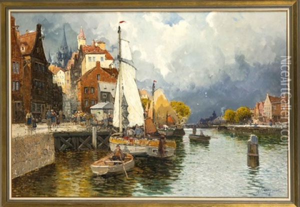 Grose Hollandische Hafenpartie Mit Marktfrauen Oil Painting - Georg Fischhof