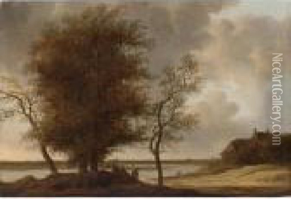A River Landscape With Figures 
Resting Under A Tree, A Farmhouse To The Right, A Town In The Distance Oil Painting - Anthony Jansz. Van Der Croos