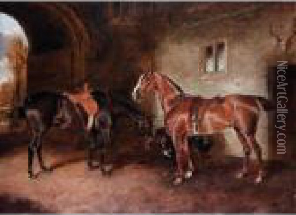Two Horses In Stable Oil Painting - Of John Alfred Wheeler