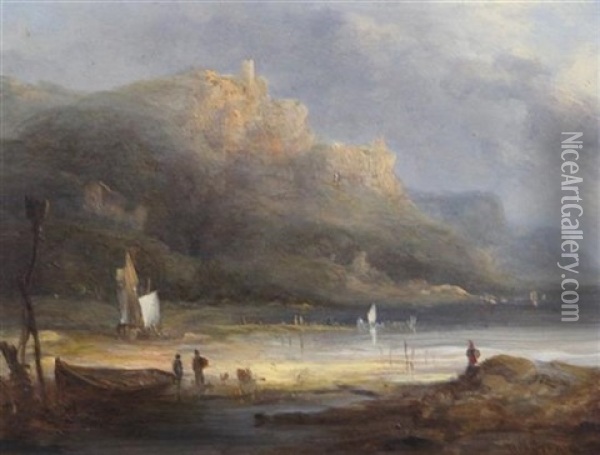 Beach Scene Looking Towards Cliff Top Towers Oil Painting - William Henry Crome